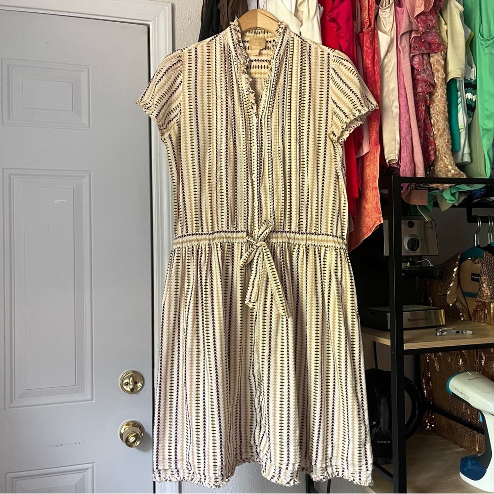FIORI DI ZUCCA white cream pink yellow geo print button up tie waist mini dress